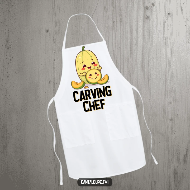 Funny apron featuring a cantaloupe character enthusiastically carving a smiley face into a smaller melon, bringing artistic vibes to your work.