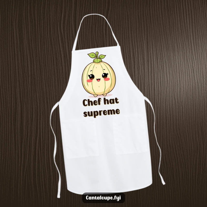 Funny Apron: Cantaloupe character wearing a tiny stem hat with pride, perfect for stylishly protecting clothes while cooking.