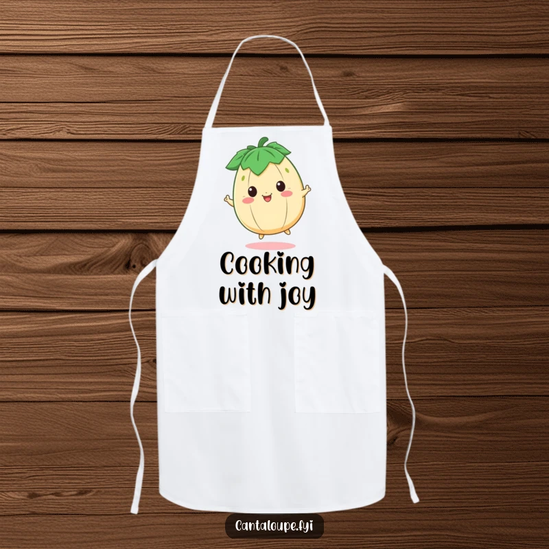 Funny Apron with a happy cantaloupe character bouncing, perfect for adding cheerful energy to cooking or crafting.