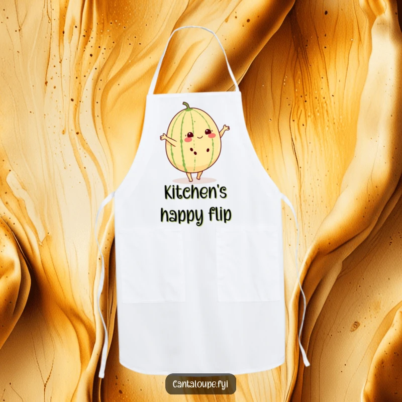 Funny apron showing a cheerful cantaloupe with small feet, doing a cartwheel with delight.