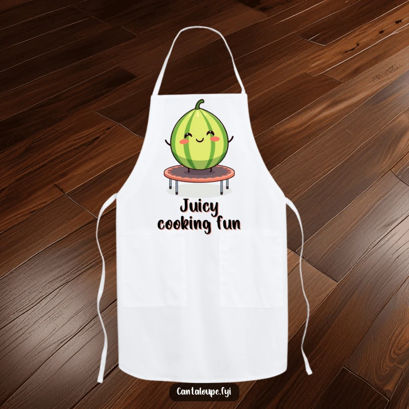 Funny apron with a smiling cantaloupe segment bouncing on a trampoline, humorous kitchen attire for joyful cooks.