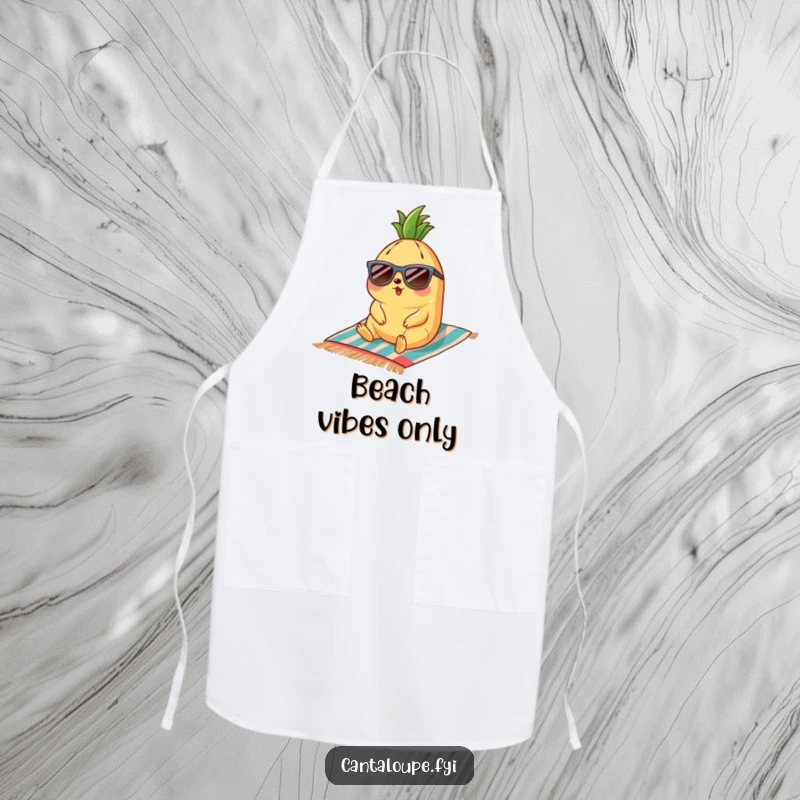 Funny cantaloupe character with sunglasses relaxing on a beach towel, a humorous apron for kitchen fun.