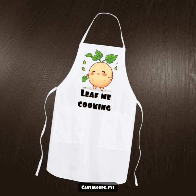 Funny cantaloupe character juggling leaves while cooking, a humorous apron designed for kitchen fun and mess protection.