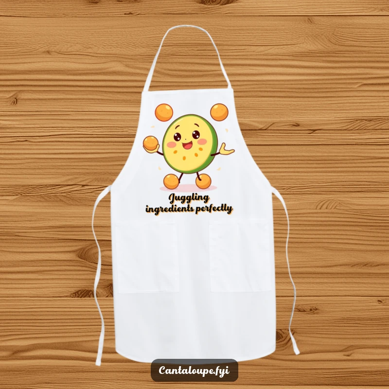 Funny Cantaloupe Slice Apron: A happy cantaloupe character juggles melon balls, bringing playful energy and protection to the kitchen. Fun and functional.