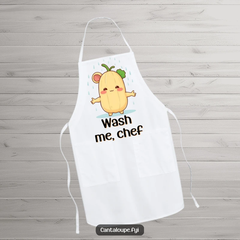 Funny cantaloupe character enjoying a rain shower on a kitchen apron, combining practicality with refreshing, peaceful humor.