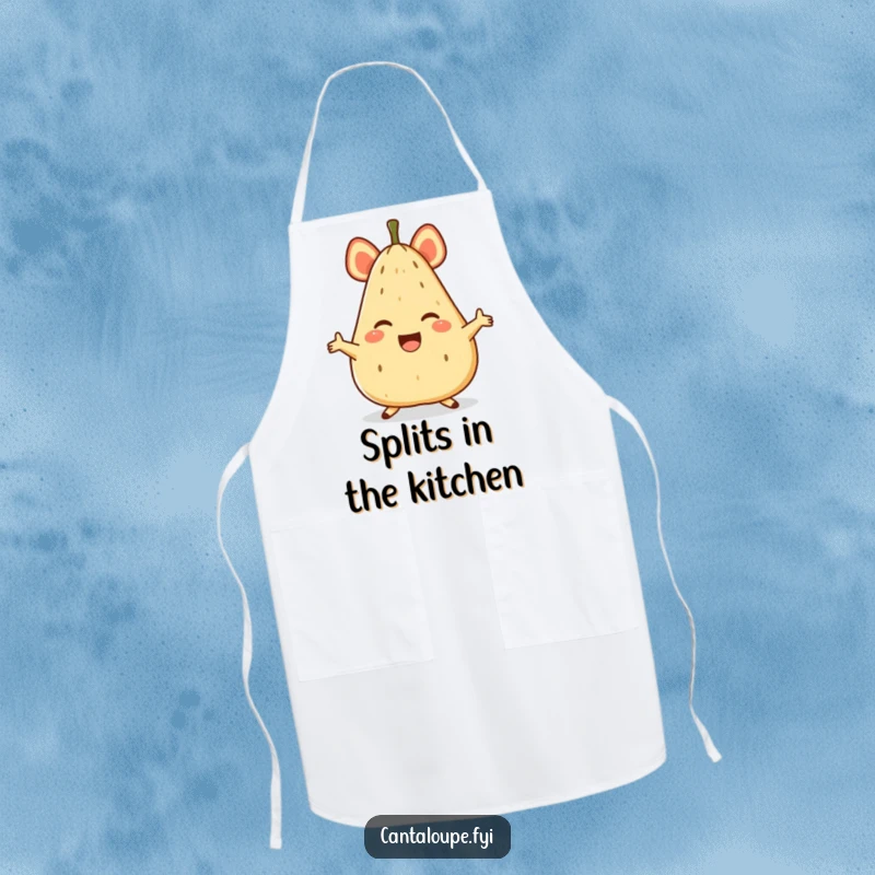 Funny apron depicting a happy anthropomorphic cantaloupe character performing a dynamic, joyful split in the kitchen.