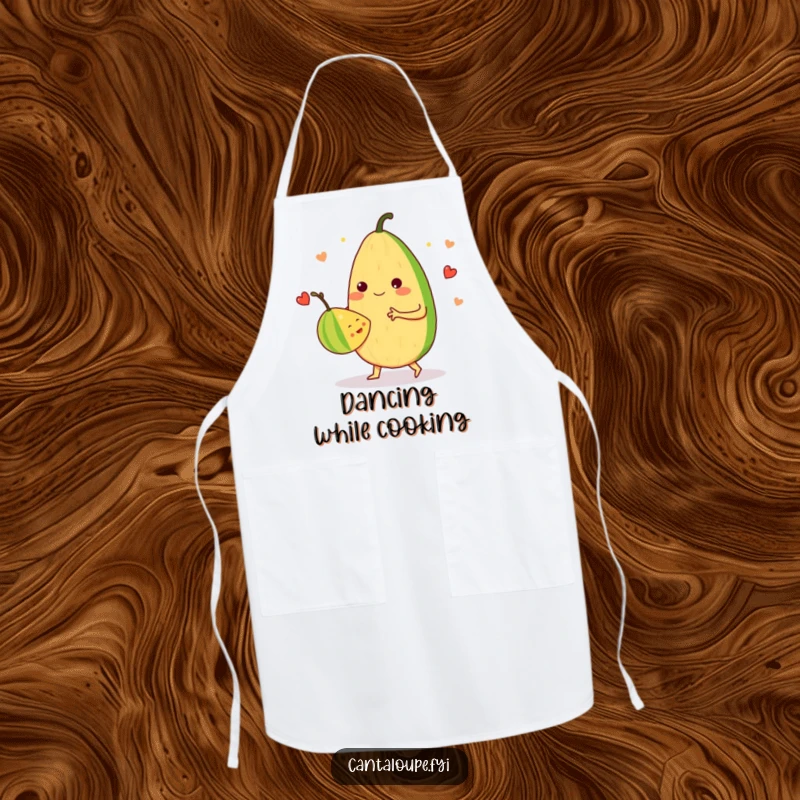 Funny Apron: An anthropomorphic cantaloupe dances a merry waltz with another fruit, ideal for protecting clothes during food prep.