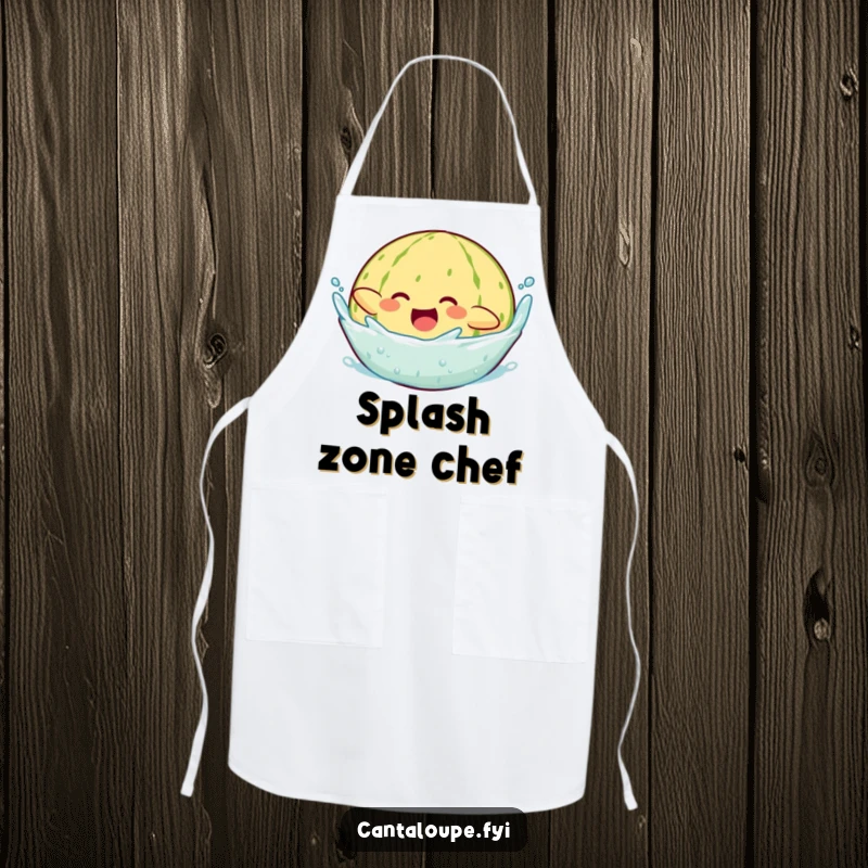 Funny apron featuring a cantaloupe character joyfully diving into water, creating a big splash while you cook up a storm.