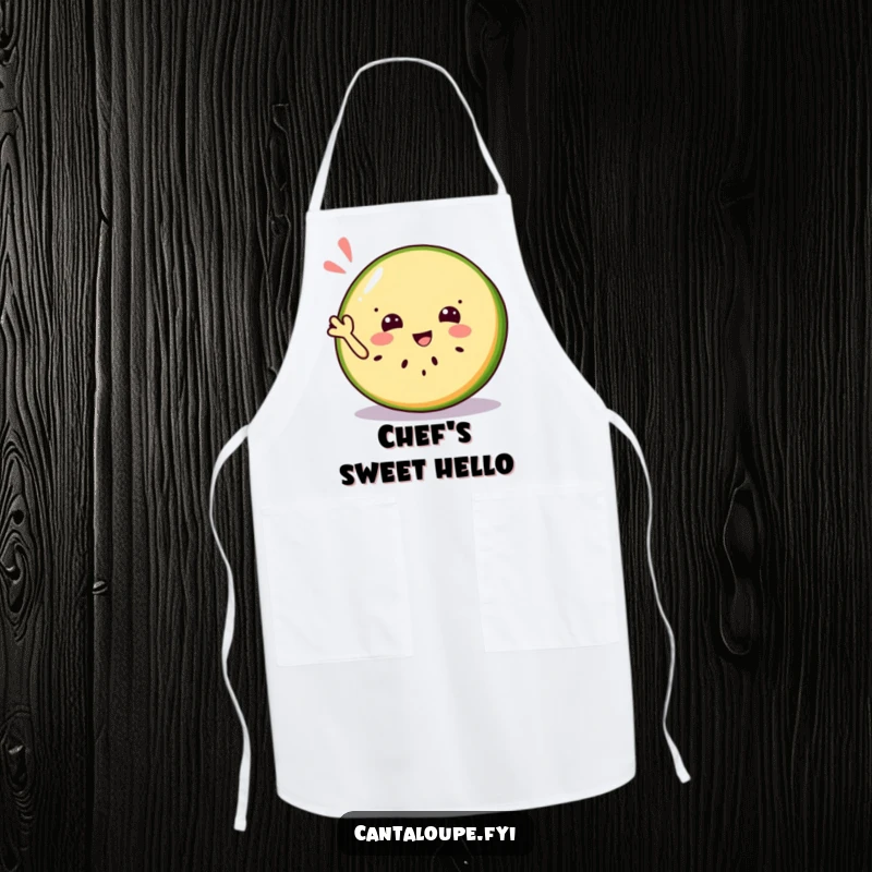 Funny apron showcasing a jolly cantaloupe slice character waving a friendly hello, designed for happy cooking.