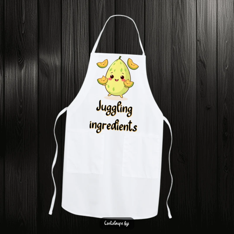 Funny Apron: A cantaloupe juggles smiling melon wedges while wearing an apron. A fun and funny gift.