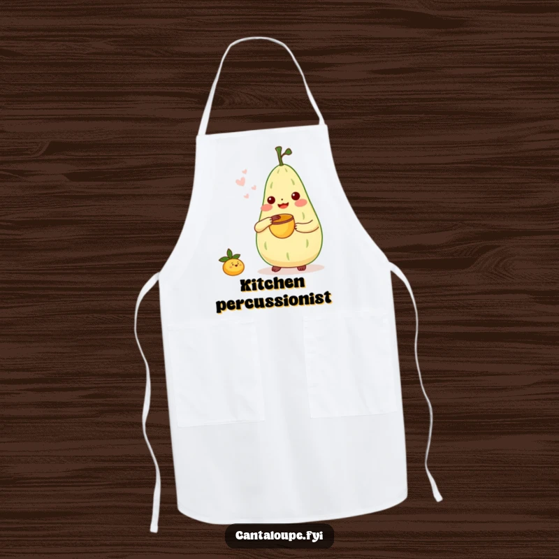 Funny Apron: Cantaloupe character playing a tiny bongo drum with a melon scoop, ideal for kitchen sessions with rhythm.