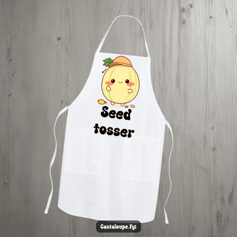 Funny Cantaloupe Juggler Apron: An apron featuring a cantaloupe character with a tiny hat, juggling seeds, designed for stylish and humorous kitchen wear.