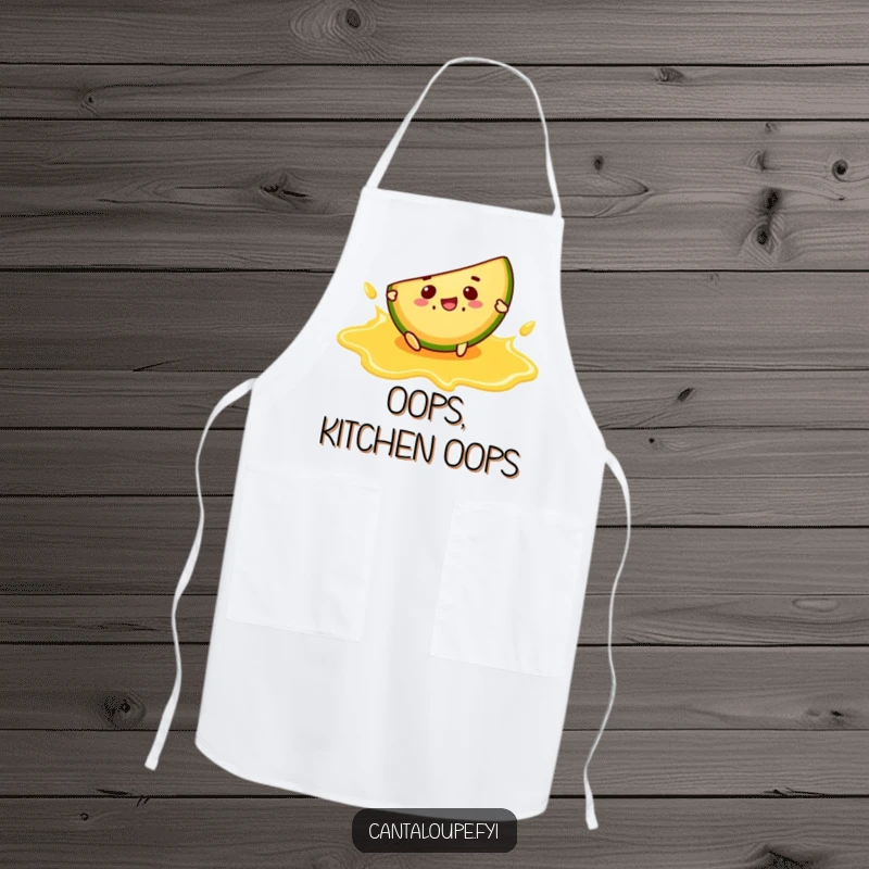Funny apron showing a cantaloupe slice character comically slipping on a puddle of juice, perfect for chefs.