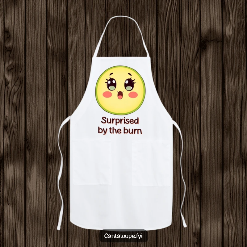 Funny Cantaloupe Slice Apron: A cantaloupe character with wide, watery eyes expresses comical surprise, adding humor and protection to the kitchen.