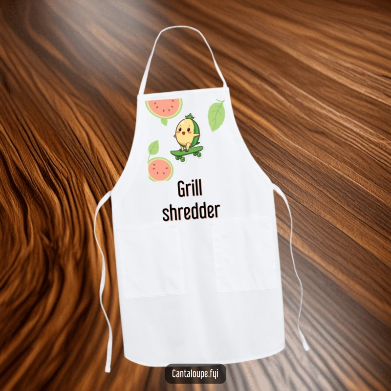 Funny apron featuring a cantaloupe character riding a giant watermelon like a skateboard, perfect for keeping clothes clean during messy culinary adventures.