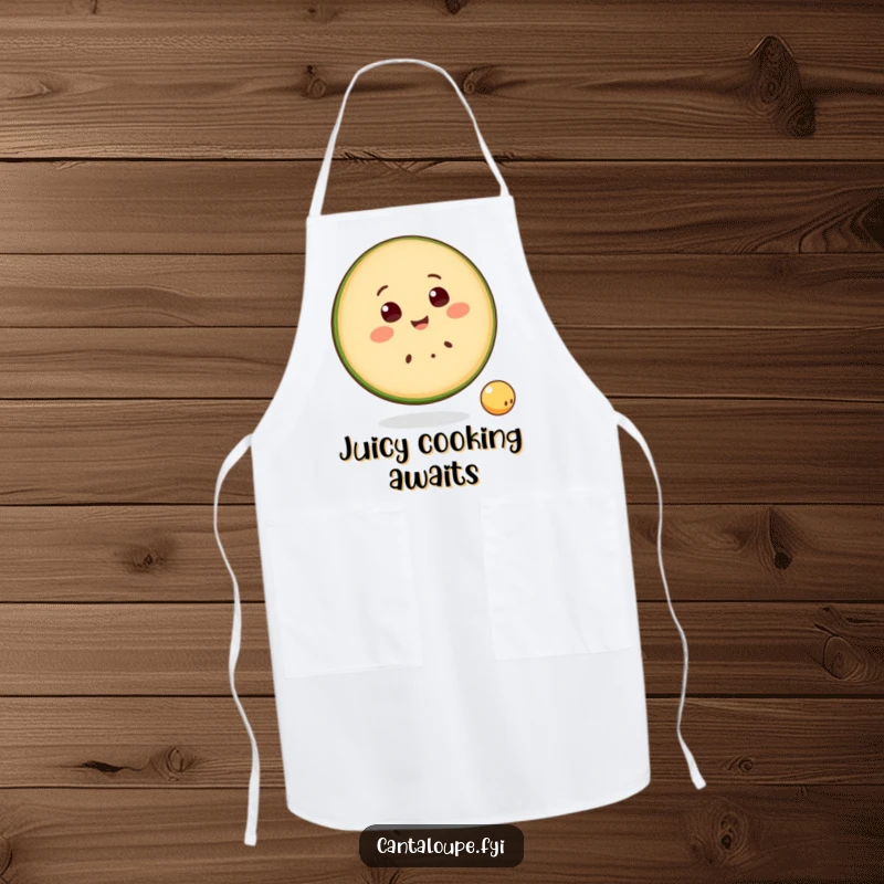 Funny Apron featuring a smiling cantaloupe slice character happily bouncing a small ball, perfect for kitchen fun and protection.