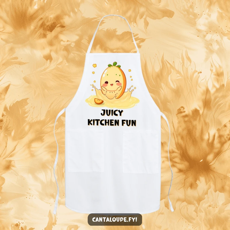 Funny Apron: Cantaloupe character splashing playfully in sweet juice, perfect for kitchen adventures and summer baking.