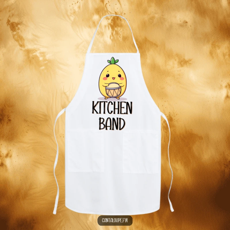 Funny Drumming Cantaloupe Apron: An apron featuring a cantaloupe character enthusiastically playing a small drum, designed for humorous and musical kitchen wear.
