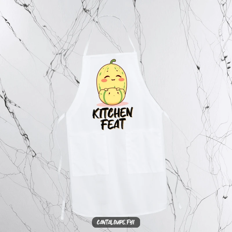 Funny cantaloupe character winking while balancing a smaller melon, a humorous and practical apron for the kitchen.