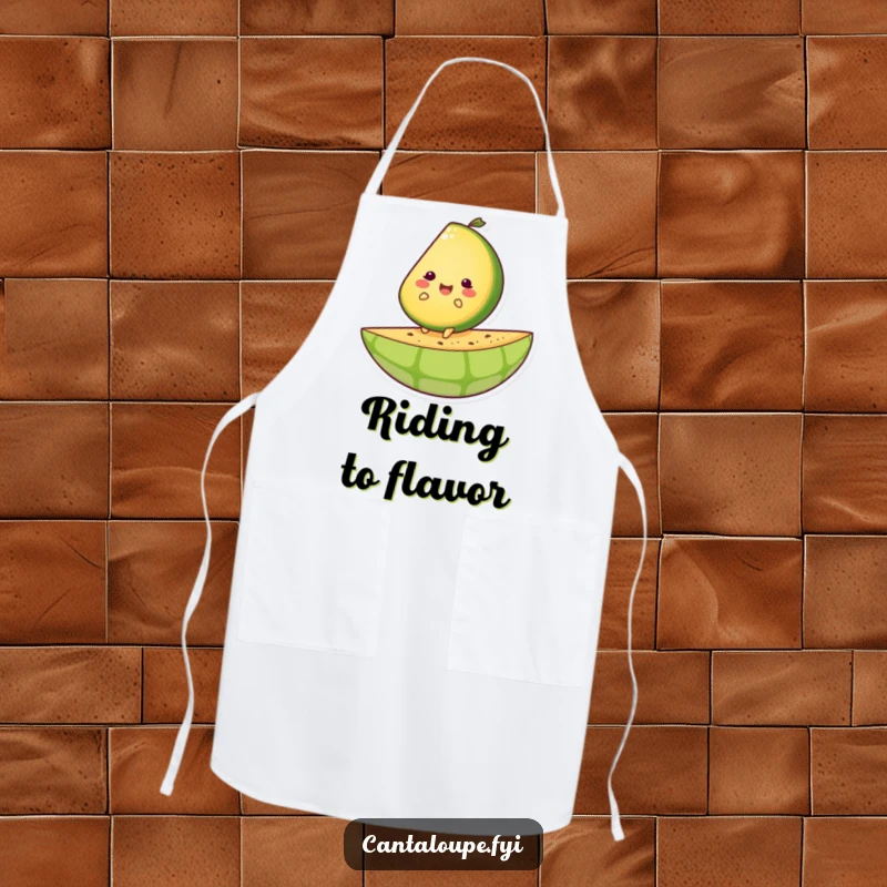 Funny apron showing a happy cantaloupe slice character riding a giant melon rind, perfect for chefs.