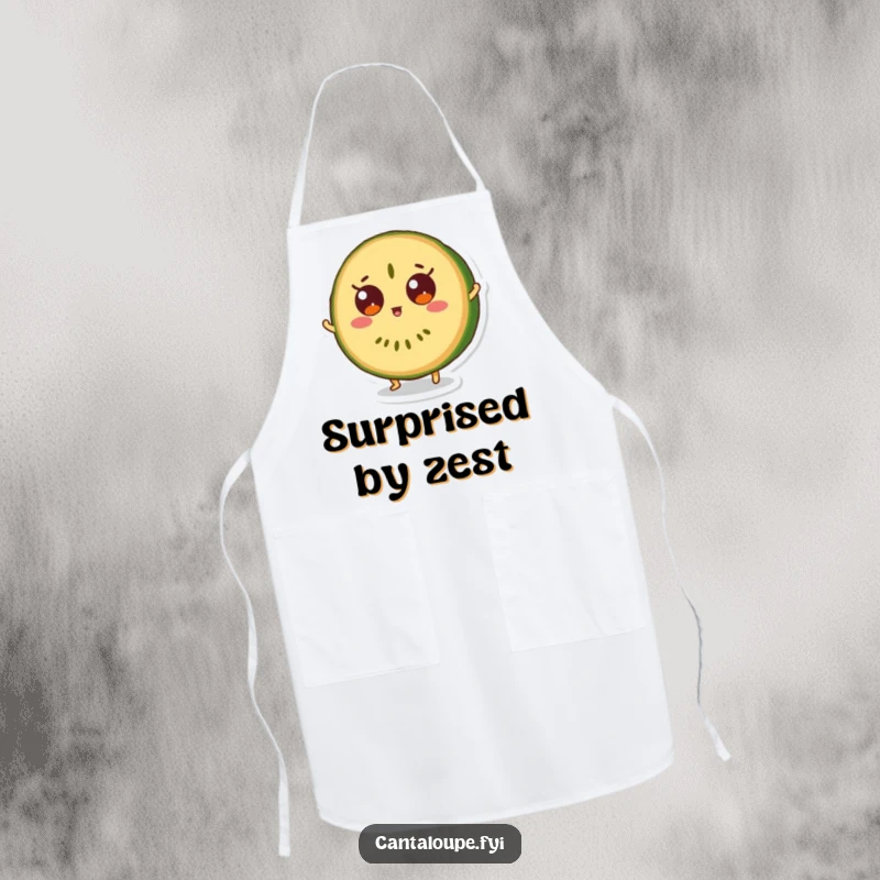 Funny apron showing a cantaloupe slice character mid-bounce, eyes wide with surprise, perfect for chefs.