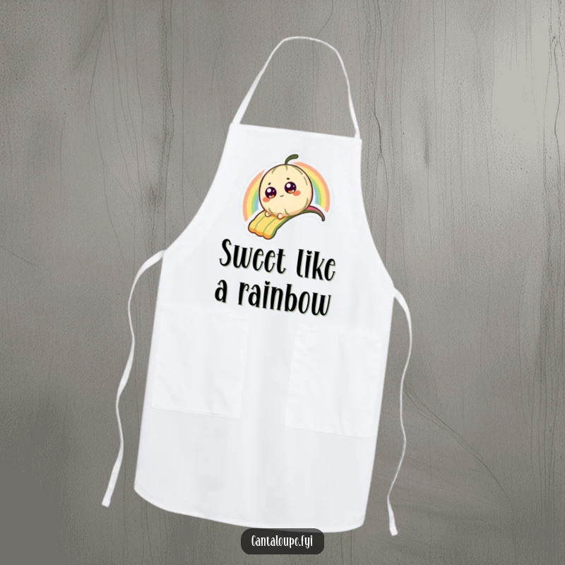 Funny Apron showing a tiny cantaloupe character happily sliding down a bright rainbow, adding cheer to kitchen tasks.