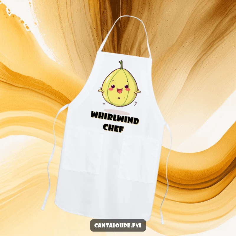 Funny Cantaloupe Slice Apron: A cheerful cantaloupe slice character in a dynamic spin, ready to add fun to any cooking or baking session.