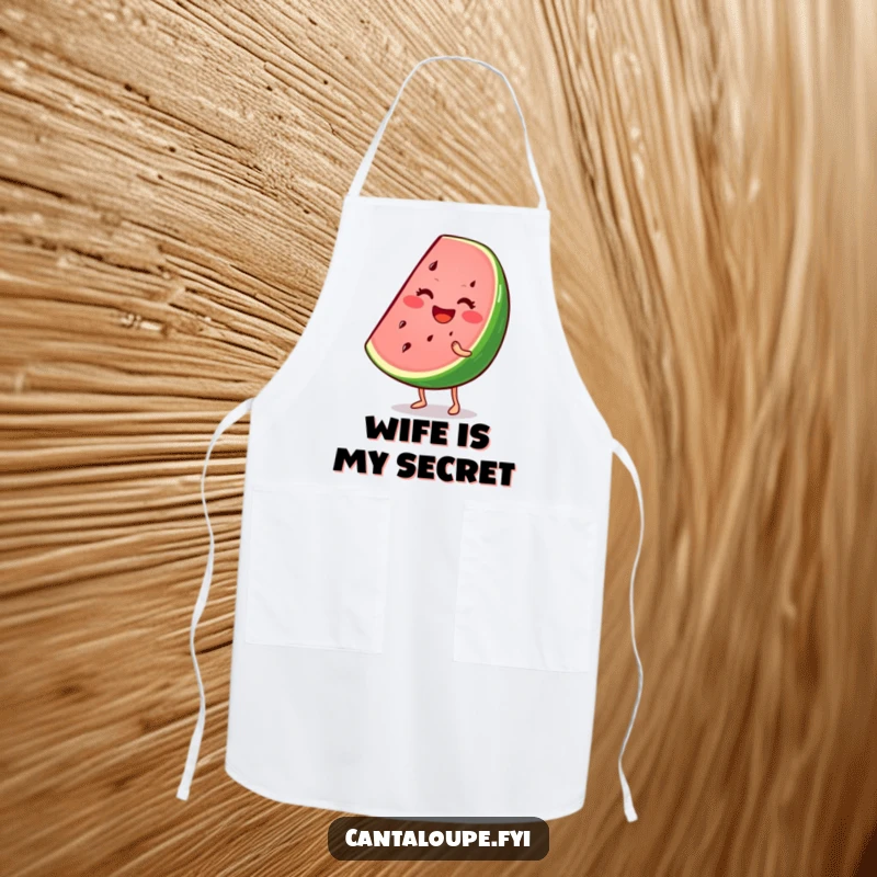Funny apron featuring a smiling watermelon wedge character wiggling enthusiastically, perfect for keeping clean while adding kitchen cheer.