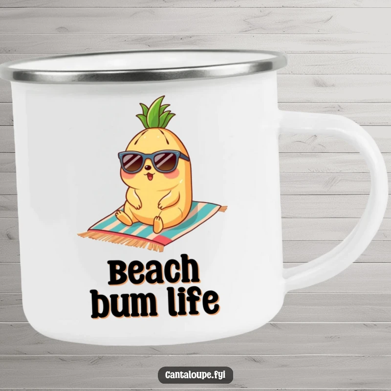 Funny cantaloupe character with sunglasses relaxing on a beach towel, a durable and humorous camping mug.