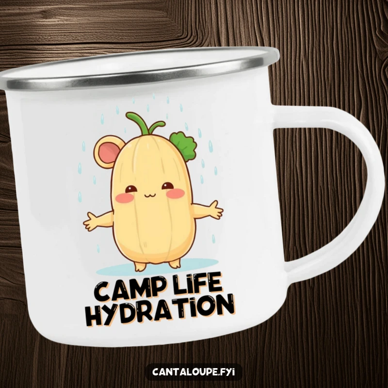 Funny cantaloupe character enjoying a rain shower on a durable camping mug, perfect for refreshing outdoor moments.