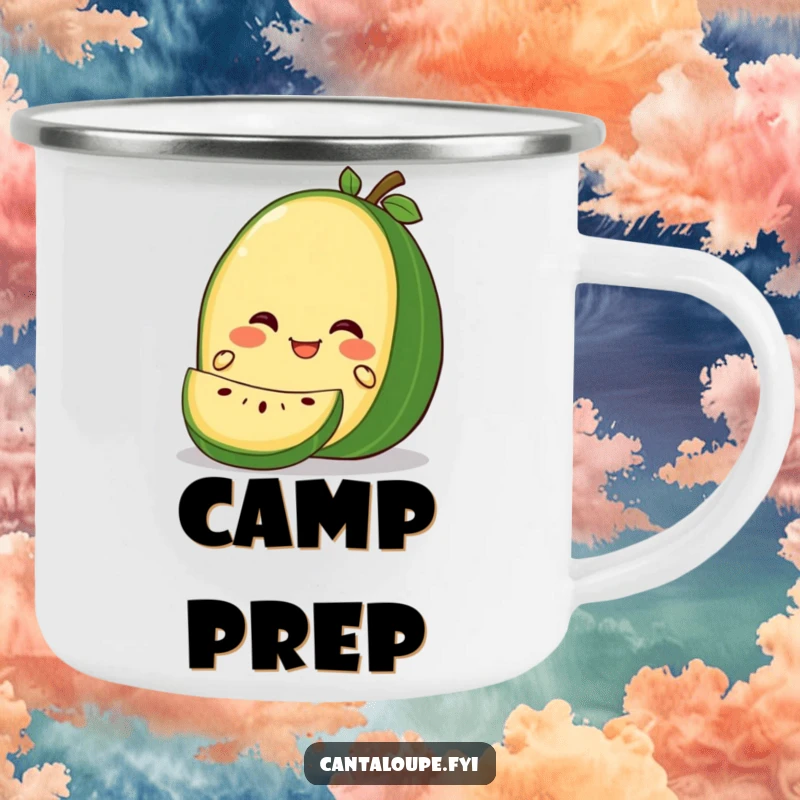 Funny Gleeful Cantaloupe Camping Mug: A durable camping mug featuring a cantaloupe character looking gleeful while being gently sliced, for rugged humor.