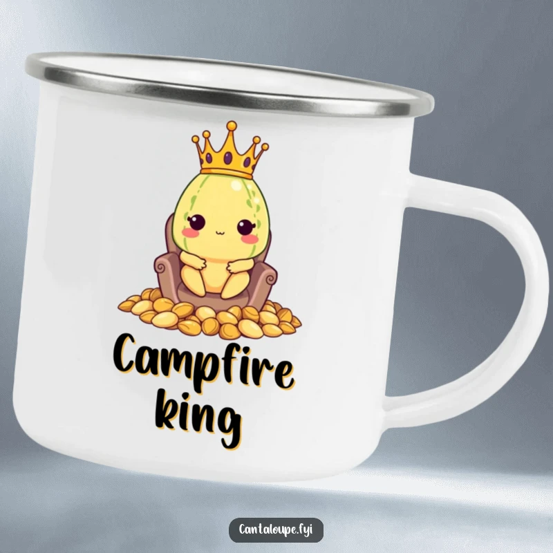Funny camping mug showcasing a crowned cantaloupe character seated on a throne of seeds, perfect for enjoying beverages during outdoor expeditions.