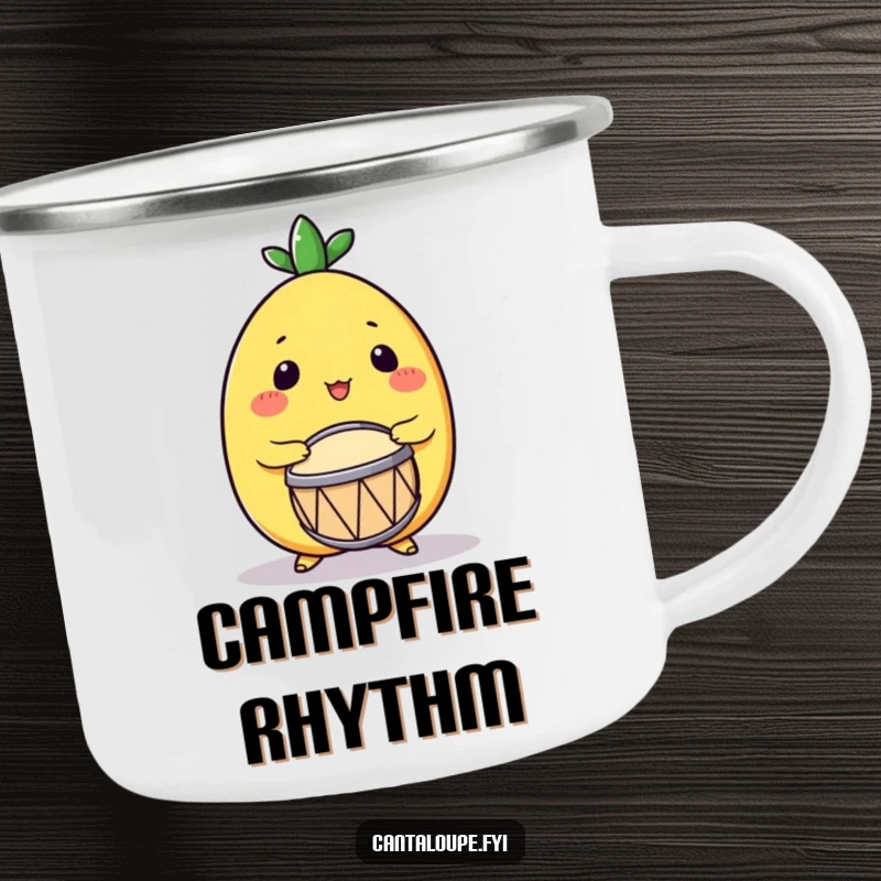 Funny Drumming Cantaloupe Camping Mug: A durable camping mug featuring a cantaloupe character enthusiastically playing a small drum, for rugged musical fun.