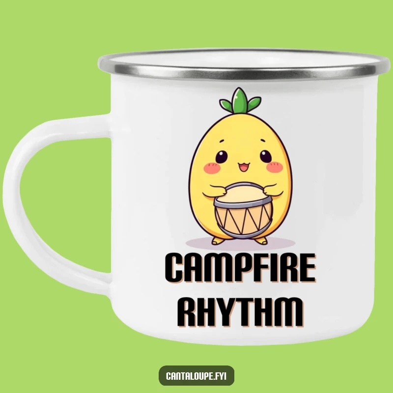 Funny Drumming Cantaloupe Camping Mug: Excited Melon Character, Outdoor Beat
