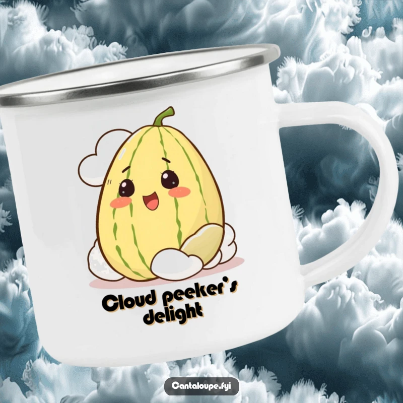 Funny Camping Mug with a whole, excited cantaloupe character peeking from behind a cloud, perfect for scenic sips.
