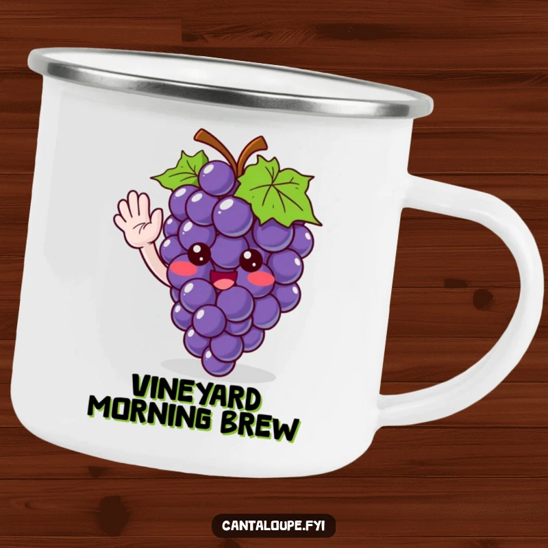 Funny camping mug featuring a cute grape bunch character giving a friendly wave, combining outdoor enjoyment with fruity humor.