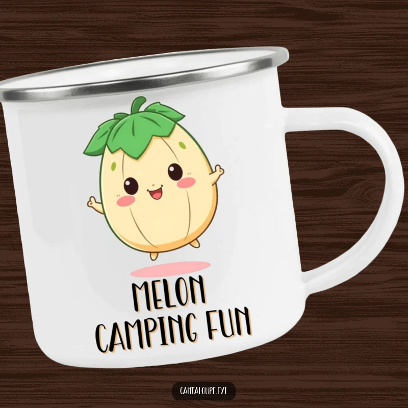 Funny Camping Mug showing a happy cantaloupe character bouncing with glee, perfect for enjoying drinks outdoors.