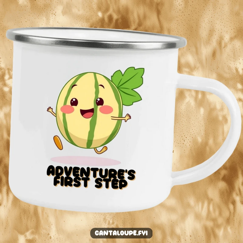Funny Cantaloupe Camping Mug featuring a cheerful cantaloupe segment character taking a bouncy step, ideal for outdoor enjoyment.
