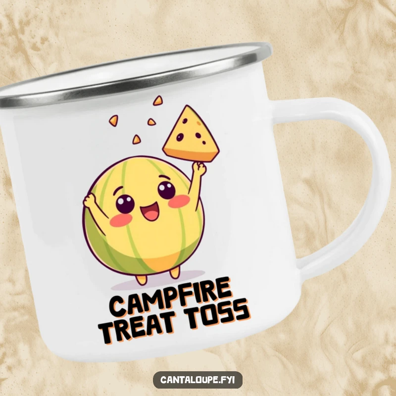 Funny camping mug showing a beaming cantaloupe character excitedly tossing a slice of itself into the air, ready for your favorite hot beverage.