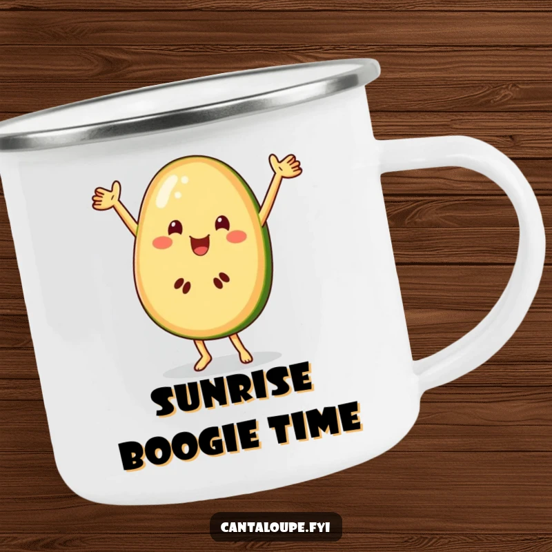 Funny cantaloupe character dancing exuberantly on a sturdy camping mug, perfect for rugged humor.