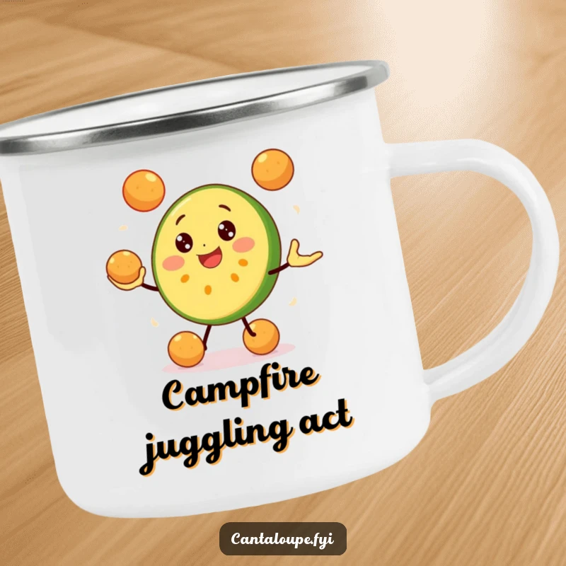 Funny Cantaloupe Slice Camping Mug: A happy cantaloupe character juggles melon balls, ideal for rugged adventures and keeping spirits high. Fun outdoors.