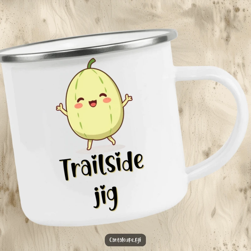Funny camping mug showcasing a cantaloupe character performing a joyful dance, its round body swaying with infectious, happy energy in the great outdoors.