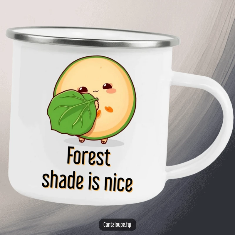 Funny Cantaloupe Camping Mug: A robust mug featuring a cantaloupe slice fanning itself with a leaf, ideal for humorous outdoor escapades.