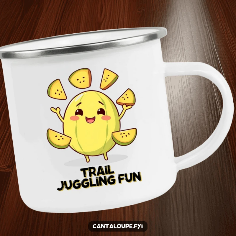 Funny camping mug showcasing a grinning cantaloupe character juggling slices of itself, perfect for enjoying beverages during outdoor performances.