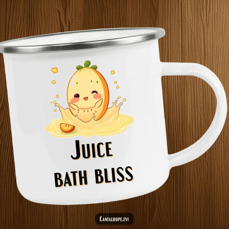 Funny Camping Mug: Cantaloupe character splashing playfully in sweet juice, perfect for refreshing sips outdoors.