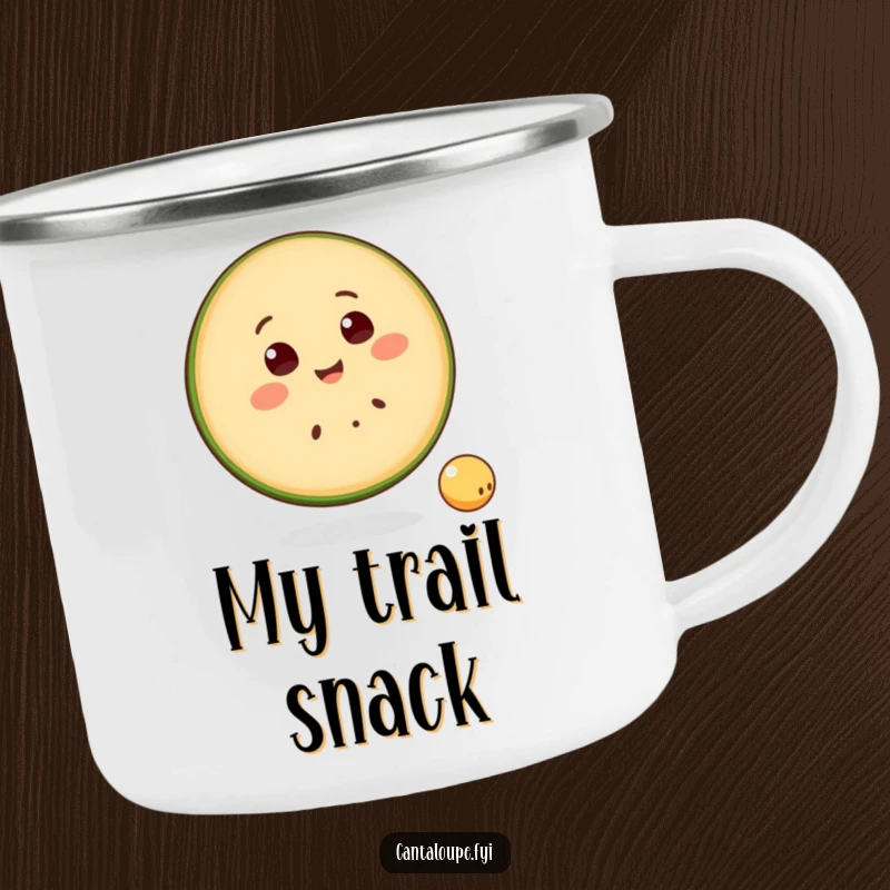 Funny Camping Mug with a smiling cantaloupe slice character happily bouncing a ball, bringing fruity cheer to outdoor settings.