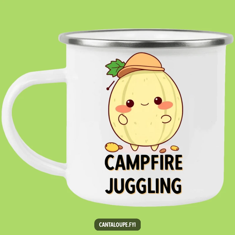 Funny Melon Hat Juggler Camping Mug: Cantaloupe Character, Tiny Hat, Outdoor Fun