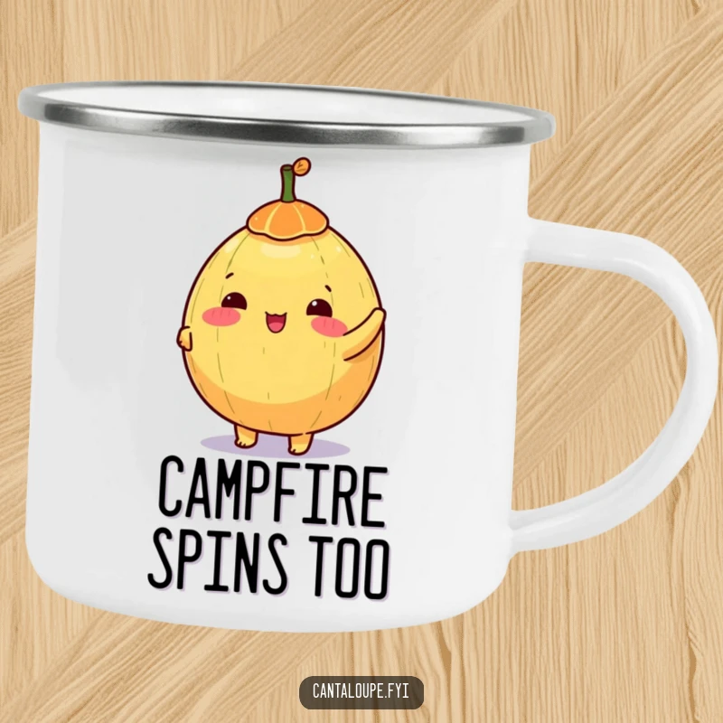Funny camping mug showing a happy anthropomorphic cantaloupe character spinning a colorful top, ideal for outdoor drinks.