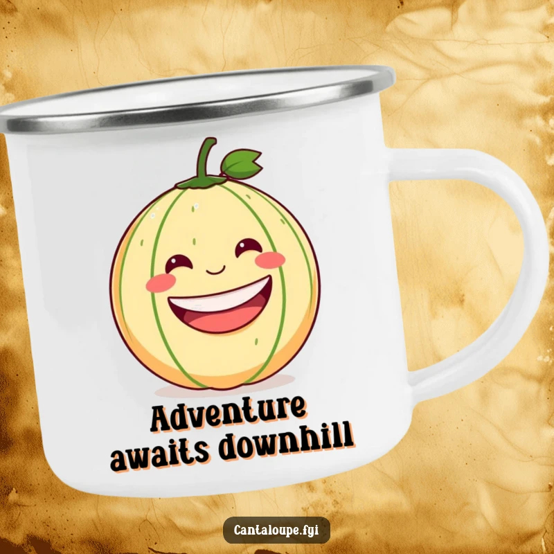 Funny Cantaloupe Camping Mug: A robust mug featuring a jubilant cantaloupe rolling downhill, perfect for humorous outdoor excursions.