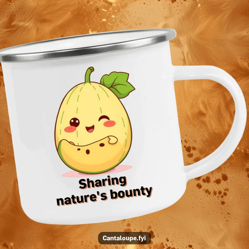 Funny Camping Mug: An anthropomorphic cantaloupe cheerfully offers a slice of itself, bringing fruity sharing and humor to outdoor settings.